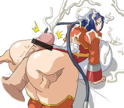 1girl aq_interactive arcana_heart ass atlus bad_tag blue_eyes blue_hair breasts bukkake buttjob costume cum doggystyle double_bun examu female gigantic_ass gigantic_breasts hair_bun huge_ass huge_breasts large_breasts mei-fang rorri_(higgy) sex_from_behind white_background