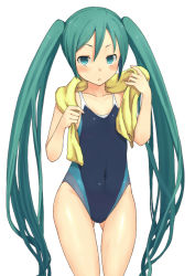 Rule 34 | 1girl, aqua hair, blush, competition swimsuit, green hair, hatsune miku, kabocha head, long hair, looking at viewer, one-piece swimsuit, simple background, solo, swimsuit, towel, twintails, very long hair, vocaloid