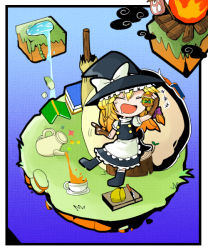 Rule 34 | 1girl, blonde hair, book, bow, braid, cup, closed eyes, fire, floating island, food, hair bow, burger, hat, kirisame marisa, kunitori, long hair, meat, open mouth, sack, smile, solo, teacup, teapot, touhou, water, witch hat