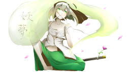 Rule 34 | 1girl, bandaged arm, bandages, blonde hair, cherry blossoms, clenched hand, commentary request, flower, gradient eyes, green eyes, hairband, highres, katana, konpaku youmu, konpaku youmu (ghost), looking away, midriff, mouth hold, multicolored eyes, navel, open clothes, open shirt, ribbon, ribbon in mouth, sarashi, shirt, short hair, silver hair, simple background, sitting, solo, sword, touhou, translation request, wallpaper, weapon, white background, wind, yugeoryouki