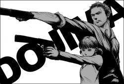 Rule 34 | 1boy, 1girl, age difference, atlus, beard stubble, blunt bangs, collared shirt, covered mouth, doujima nanako, doujima ryoutarou, facial hair, father and daughter, finger on trigger, gb (doubleleaf), greyscale, gun, leon the professional, manly, monochrome, mustache stubble, parody, persona, persona 4, police, sega, shirt, short twintails, simple background, sleeves rolled up, stubble, suppressor, twintails, weapon, white background