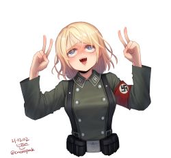 Rule 34 | 1girl, absurdres, ahegao, armband, arms up, artist name, blonde hair, blue eyes, blush, breasts, buttons, commentary request, commission, cotton (carcasspack), dated, double-breasted, double v, green jacket, heart, heart-shaped pupils, highres, jacket, long sleeves, looking at viewer, looking up, medium hair, military, military uniform, nazi, open mouth, original, saliva, simple background, solo, ss insignia, swastika, symbol-shaped pupils, tongue, tongue out, twitter username, uniform, upper body, v, white background