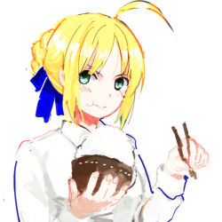 Rule 34 | 1girl, :t, ahoge, artoria pendragon (all), artoria pendragon (fate), bad id, bad pixiv id, blonde hair, bowl, chopsticks, eating, ehee, fate/stay night, fate (series), green eyes, rice, saber (fate), simple background, solo, white background