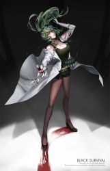 Rule 34 | 1girl, altimaen iten, bad id, bad pixiv id, belt, black pantyhose, black shorts, black survival, blood, breasts, cleavage, full body, gloves, green eyes, green hair, head back, high heels, lab coat, large breasts, pantyhose under shorts, long hair, looking at viewer, open mouth, pantyhose, pantyhose under shorts, parted lips, ponytail, scalpel, short shorts, shorts, solo, standing, tank top, utility belt, white gloves