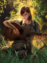 Rule 34 | 1girl, acoustic guitar, backpack, bag, blood, blood on clothes, blood on face, brown hair, day, ellie (the last of us), facing viewer, guitar, highres, instrument, liang xing, lips, outdoors, parted lips, short hair, signature, sitting, solo, swept bangs, tattoo, the last of us, the last of us (series), the last of us 2, torn clothes, watermark, web address
