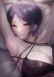 Rule 34 | 1girl, absurdres, arms up, bed sheet, black eyes, breasts, cleavage, close-up, commentary request, cross-laced clothes, earrings, hayami kanade, highres, idolmaster, idolmaster cinderella girls, idolmaster cinderella girls starlight stage, jewelry, lingerie, lying, on back, on bed, short hair, sweat, torishu (kumataka 4867), underwear, yellow eyes