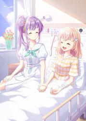 Rule 34 | 2girls, ^ ^, aqua neckerchief, bed, blush, cerise bouquet, check commentary, closed eyes, closed mouth, collarbone, commentary request, crossed bangs, dress, flower, hair bun, hair flower, hair ornament, hasu no sora school uniform, highres, hinoshita kaho, holding hands, hospital, hospital bed, intravenous drip, light particles, link! like! love live!, lone nape hair, long hair, love live!, medium dress, medium hair, multiple girls, neckerchief, on bed, open mouth, orange hair, orange shirt, otomune kozue, pleated dress, purple hair, qy73, rabbit hair ornament, red flower, sailor collar, sailor dress, school uniform, shirt, short sleeves, side ponytail, sidelocks, single side bun, sitting, smile, teeth, two-tone shirt, two side up, upper teeth only, virtual youtuber, white dress, white sailor collar, white shirt, window