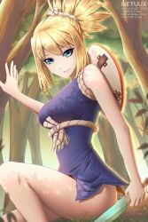 Rule 34 | 1girl, aqua eyes, bare shoulders, blonde hair, breasts, curvy, dr. stone, holding, holding knife, knife, kohaku (dr. stone), legs, medium breasts, meyuux, open mouth, outdoors, ponytail, sitting, smile, solo, thighs, weapon, wide hips
