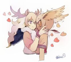 Rule 34 | 2girls, animal ears, antlers, bird wings, blush, bt (shio oninko), closed mouth, cropped arms, cropped torso, extra ears, eye contact, face-to-face, fur scarf, hair between eyes, head wings, heart, horns, imminent kiss, kemono friends, layered sleeves, long hair, long sleeves, looking at another, moose (kemono friends), moose ears, multiple girls, parted bangs, scarf, shirt, shoebill (kemono friends), short over long sleeves, short sleeves, simple background, smile, sweater, white background, wings, yuri
