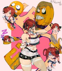 Rule 34 | 1girl, a.b.a, bags under eyes, bandaged chest, bandages, chain, green eyes, guilty gear, guilty gear xx, hair over one eye, highres, homunculus, key in head, looking at viewer, object through head, paracelsus (guilty gear), red hair, relusionh, stitched mouth, stitches