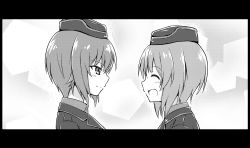 Rule 34 | 2girls, :d, closed mouth, commentary, facing another, from side, girls und panzer, greyscale, highres, kuromorimine military uniform, letterboxed, looking at another, military, military uniform, monochrome, multiple girls, nagomiya (shousha), nishizumi maho, nishizumi miho, open mouth, short hair, siblings, sisters, smile, uniform