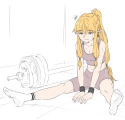 Rule 34 | 1girl, barbell, between legs, blonde hair, breasts, brown shorts, brown sports bra, cleavage, commentary request, contemporary, hand between legs, high ponytail, highres, legs apart, long hair, looking at viewer, low-tied sidelocks, mangpum (taro109210), medium breasts, parted lips, serie (sousou no frieren), shorts, sidelocks, sitting, socks, solo, sousou no frieren, sports bra, stretching, sweat, very long hair, white background, white socks, yellow eyes