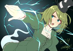 Rule 34 | &gt;:o, 1girl, 2017, :o, black background, black hat, blue eyes, cross-laced clothes, dated, dress, electricity, ghost tail, green dress, green hair, hat, juliet sleeves, kobaji, long sleeves, open mouth, outstretched arm, puffy sleeves, short hair, signature, soga no tojiko, solo, tate eboshi, touhou, v-shaped eyebrows