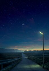 building cloud commentary_request crescent_moon field guard_rail highres lamppost mks moon mountainous_horizon night night_sky no_humans original outdoors power_lines road scenery sky star_(sky) starry_sky twitter_username