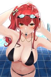 Rule 34 | 1girl, ahoge, azur lane, bare shoulders, bikini, black bikini, blue sky, blush, breasts, cleavage, goggles, goggles on head, highres, huuyu 1z, large breasts, long hair, looking at viewer, mouth hold, multi-strapped bikini, navel, o-ring, o-ring bikini, pool ladder, red hair, side ponytail, sidelocks, sky, smile, solo, swimsuit, thighs, water, wet, whistle, whistle around neck, yellow eyes, zara (azur lane), zara (poolside coincidence) (azur lane)