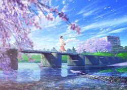 Rule 34 | 1girl, black hair, blue sky, bridge, brown skirt, building, cherry blossoms, cloud, commentary request, day, jacket, long hair, long sleeves, looking away, mocha (cotton), original, outdoors, petals, petals on liquid, skirt, sky, solo, spring (season), standing, tree, water, white jacket