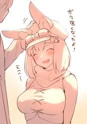 Rule 34 | 1boy, 1girl, :d, ^ ^, animal ear fluff, animal ears, bare arms, blush, breasts, calm mashiro, closed eyes, cosplay, etrian odyssey, goggles, goggles on headwear, hair ornament, hat, headpat, hetero, hound (sekaiju), medium breasts, open mouth, rabbit ears, rabbit hair ornament, ranger (sekaiju), ranger (sekaiju) (cosplay), ranger 2 (sekaiju), sekaiju no meikyuu, sekaiju no meikyuu 5, shirt, smile, spot color, taut clothes, taut shirt, translation request, |d