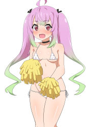 Rule 34 | 1girl, @ @, ahoge, bare arms, bare legs, bare shoulders, bikini, blush, cheerleader, collarbone, fang, feet out of frame, gradient hair, green hair, groin, highres, holding, holding pom poms, junes, kantai collection, long hair, momo (kancolle), multicolored hair, open mouth, pink eyes, pink hair, pom pom (cheerleading), pom poms, simple background, skin fang, solo, sweatdrop, swimsuit, twintails, white background, white bikini