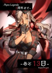 Rule 34 | 1girl, absurdres, akami maguro, animification, anniversary, apex legends, black gloves, black headwear, bootlegger loba, braid, breasts, brown eyes, cleavage, collarbone, copyright name, covering own mouth, dark-skinned female, dark skin, floating hair, gloves, highres, jacket, loba (apex legends), looking to the side, medium breasts, official alternate costume, platinum blonde hair, red jacket, smile, solo, twin braids