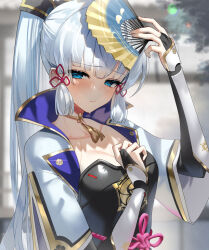 Rule 34 | 1girl, armor, ayaka (genshin impact), blue eyes, blue hair, blurry, blurry background, breasts, cleavage, closed mouth, collarbone, commentary request, genshin impact, hand fan, holding, holding fan, long hair, long sleeves, looking at viewer, medium breasts, neck tassel, plate armor, ponytail, scottie (phantom2), solo, sweat, upper body