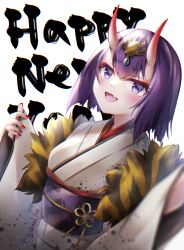 Rule 34 | 1girl, amanoizu, blush, bob cut, breasts, eyeliner, fate/grand order, fate (series), headpiece, horns, japanese clothes, kimono, looking at viewer, makeup, oni, purple eyes, purple hair, short hair, shuten douji (fate), skin-covered horns, small breasts, solo