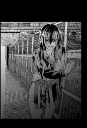 Rule 34 | 1girl, after rape, black border, black hair, blouse, border, breasts, breasts out, bruise, chain-link fence, collarbone, cowboy shot, crossed arms, crying, crying with eyes open, cum, cum in pussy, cumdrip, dagashi (place), facing viewer, female pubic hair, fence, greyscale, hair over eyes, injury, long hair, long sleeves, monochrome, nipples, no panties, open mouth, outdoors, pubic hair, railing, railroad tracks, school uniform, serafuku, shirt, skirt, solo, sweat, tears, torn clothes, torn shirt, torn skirt