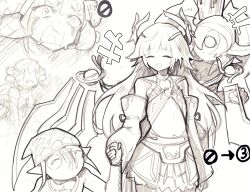 2girls 2others bare_shoulders character_request closed_eyes detached_sleeves duel_monster goblin holding_hands horns ib_(yu-gi-oh!) ib_the_world_chalice_justiciar knightmare_corruptor_iblee knightmare_goblin long_hair mechanical_wings midriff multiple_girls multiple_others open_mouth ro_g_(oowack) sketch skirt smile wings yu-gi-oh!