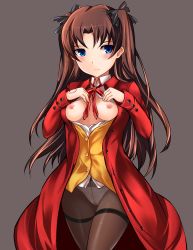 Rule 34 | 1girl, bad id, bad nijie id, bad proportions, black hair, black pantyhose, blue eyes, blush, bow, breasts, breasts out, crotch seam, fate/stay night, fate (series), hair bow, highres, jacket, long hair, looking at viewer, nipples, no pants, open clothes, open jacket, panties, panties under pantyhose, pantyhose, small breasts, solo, tohsaka rin, two side up, underwear, white panties, yoshimo