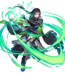 Rule 34 | 1boy, attack, black cape, black gloves, black hair, book, cape, facial mark, fire emblem, fire emblem: path of radiance, fire emblem heroes, forehead mark, gloves, glowing, green cape, green eyes, highres, holding, holding book, long hair, multicolored cape, multicolored clothes, nintendo, non-web source, official altenate costume, official art, open mouth, ponytail, sandals, solo, soren (fire emblem), soren (resplendent) (fire emblem), torn cape, torn clothes, torn sleeves, v-shaped eyebrows