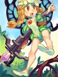 Rule 34 | 1girl, alex ahad, bare shoulders, blonde hair, bow (weapon), braid, butterfly wings, choker, crossbow, fairy, flower, freckles, hair flower, hair ornament, insect wings, leotard, long hair, mercedes (odin sphere), odin sphere, open mouth, pointing, pointing forward, pointy ears, puff and slash sleeves, puffy sleeves, red eyes, solo, twin braids, weapon, wings