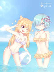Rule 34 | 10s, 2girls, ;d, arm up, arms behind back, ball, bare arms, bare shoulders, beachball, bikini, blonde hair, blue eyes, blue hair, blue sky, blush, breasts, cleavage, closed mouth, cloud, cloudy sky, collarbone, commentary request, day, diagonal stripes, fang, front-tie bikini top, front-tie top, groin, hair ornament, hair over one eye, hair ribbon, hairclip, highres, horizon, large breasts, leaning to the side, light (luxiao deng), long hair, multiple girls, navel, ocean, one eye closed, open mouth, original, outdoors, pink ribbon, polka dot, polka dot bikini, purple eyes, re:zero kara hajimeru isekai seikatsu, rem (re:zero), ribbon, short hair, side-tie bikini bottom, sky, smile, sparkle, standing, striped bikini, striped clothes, swimsuit, thigh gap, two side up, v over eye, very long hair, wading, water, x hair ornament, yellow bikini
