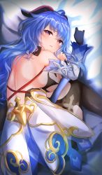 Rule 34 | 1girl, absurdres, ahoge, back, backless outfit, bed sheet, black pantyhose, blue gloves, blue hair, blush, bodystocking, bodysuit, bow, breasts, detached sleeves, from behind, furrowed brow, ganyu (genshin impact), genshin impact, gloves, gold trim, highres, horns, jiang xin, long hair, looking at viewer, looking back, low ponytail, lying, medium breasts, nipples, on side, pantyhose, purple eyes, sideboob, single glove, solo, thighlet, torn clothes, torn pantyhose, waist cape, white sleeves