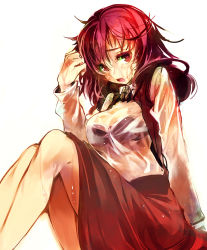Rule 34 | 1girl, bra, breasts, female focus, lingerie, looking at viewer, messy hair, okazaki yumemi, open mouth, phantasmagoria of dim.dream, red eyes, red hair, see-through, short hair, simple background, sitting, solo, touhou, touhou (pc-98), ukyo rst, underwear, wet, wet clothes