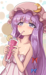Rule 34 | 1girl, bare shoulders, blush, breasts, cleavage, commentary request, crescent, crescent hat ornament, cup, drinking glass, drinking straw, food, fruit, hat, hat ornament, highres, ice, ice cube, lemon, lemon slice, mob cap, namiki (remiter00), patchouli knowledge, purple hair, shiny skin, solo, sweat, touhou