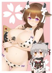 Rule 34 | 2girls, animal ears, animal print, arm under breasts, azur lane, bare shoulders, bikini, black panties, blush, breasts, brown hair, cap105, chibi, chibi inset, chinese zodiac, cleavage, collarbone, commentary request, cow ears, cow horns, cow print, cowboy shot, criss-cross halter, earrings, extra ears, facepaint, flower, gluteal fold, grey hair, groin, hagoita, hair between eyes, hair flower, hair intakes, hair ornament, halterneck, hanetsuki, highres, holding, holding paddle, holding paintbrush, horns, huge breasts, japanese clothes, jewelry, kashino (azur lane), kashino (hot springs relaxation) (azur lane), long hair, looking at viewer, midriff, multi-strapped bikini bottom, multiple girls, navel, o-ring, official alternate costume, orange eyes, paddle, paintbrush, panties, pelvic curtain, pink background, purple eyes, short hair, sidelocks, skindentation, smile, standing, strap pull, suzutsuki (azur lane), suzutsuki (suzutsuki hanetsuki adept!) (azur lane), swimsuit, thigh strap, translated, triangle mouth, underwear, white bikini, white flower, white sleeves, wide sleeves, year of the ox