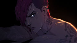 Rule 34 | 1girl, angry, arcane: league of legends, arcane vi, artist name, black background, denimcatfish, ear piercing, from side, hair over one eye, league of legends, looking at viewer, muscular, muscular female, nose piercing, parted lips, piercing, portrait, red hair, serious, short hair, shoulder tattoo, solo, tattoo, teeth, vi (league of legends)