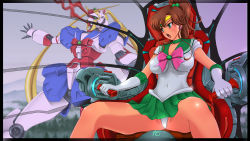Rule 34 | 1girl, bident, bishoujo senshi sailor moon, blonde hair, blue eyes, bow, breasts, brooch, brown eyes, brown hair, choker, cockpit, collarbone, covered navel, crossover, double bun, dress, earrings, elbow gloves, female focus, fusion, g gundam, gloves, green eyes, green skirt, gundam, hair bobbles, hair bun, hair ornament, highres, impossible clothes, jewelry, kino makoto, lance of longinus (evangelion), large breasts, leotard, long hair, magical girl, mecha, mechanization, mountain, multiple crossover, navel, neon genesis evangelion, nobel gundam, open mouth, panties, pantyshot, parody, pilot, pink bow, pleated skirt, polearm, ponytail, pun, red bow, ribbon, robot, sailor collar, sailor jupiter, sailor moon, sitting, skirt, sonota taisei, spread legs, the end of evangelion, thighs, tiara, tree, tsukino usagi, twintails, underwear, upskirt, white gloves, white panties
