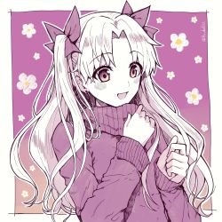 Rule 34 | 1girl, alternate costume, aruti, blush, border, commentary request, earrings, ereshkigal (fate), fate/grand order, fate (series), floral background, floral print, forehead, greyscale, hair ribbon, highres, jewelry, long hair, long sleeves, monochrome, open mouth, outside border, parted bangs, ribbon, smile, solo, sweater, twitter username, two side up, upper body, white border