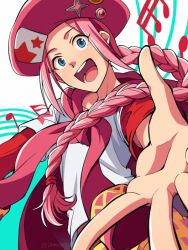 Rule 34 | 1boy, :d, asada hachi, blue eyes, braid, classicaloid, commentary request, hat, jacket, jacket on shoulders, layered clothes, long hair, looking at viewer, male focus, musical note, open hand, open mouth, pink hair, pink hat, pink jacket, red shirt, shirt, single braid, smile, solo, star (symbol), star print, teeth, tied jacket, twitter username, upper body, upper teeth only, watermark, white background, white shirt, wolfgang amadeus mozart (classicaloid)