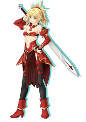 Rule 34 | 1girl, armor, bandeau, black legwear, blonde hair, blue eyes, breasts, closed mouth, detached sleeves, fate/apocrypha, fate (series), faulds, full body, hair between eyes, hair ornament, hair scrunchie, hand on own hip, high heels, holding, holding sword, holding weapon, long hair, long sleeves, mordred (fate), mordred (fate/apocrypha), navel, ponytail, red bandeau, red footwear, red scrunchie, red sleeves, scrunchie, simple background, small breasts, solo, standing, strapless, sword, tachi-e, underboob, weapon, white background, yustinos