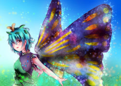 Rule 34 | 1girl, :d, antennae, blue hair, blush, breasts, brown eyes, butterfly wings, dress, eternity larva, from side, green dress, hair between eyes, hair ornament, insect wings, leaf hair ornament, lesshat, looking at viewer, looking to the side, medium breasts, open mouth, short hair, smile, solo, touhou, upper body, wings