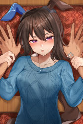 Rule 34 | 1boy, 1girl, admire vega (umamusume), animal ears, arm grab, az nyam, blue sweater, blush, border, bow, brown hair, commentary request, ear covers, ear ornament, from above, hair between eyes, hair bow, half-closed eyes, hands on another&#039;s arms, hetero, highres, horse ears, horse girl, jewelry, long hair, long sleeves, looking at viewer, lying, necklace, on back, on ground, open mouth, out of frame, pov, pov hands, purple eyes, ribbed sweater, single ear cover, sweat, sweater, textless version, trainer (umamusume), umamusume, upper body, white bow
