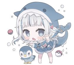 Rule 34 | 1girl, animal costume, animal hood, blue eyes, blue hair, blue hoodie, creatures (company), fins, fish tail, game freak, gawr gura, gawr gura (1st costume), gen 4 pokemon, hair ornament, highres, hocmiya, hololive, hololive english, hood, hoodie, looking at viewer, multicolored hair, nintendo, open mouth, piplup, poke ball, poke ball (basic), pokemon, pokemon (creature), shark costume, shark girl, shark hair ornament, shark hood, shark print, shark tail, sharp teeth, streaked hair, tail, teeth, virtual youtuber