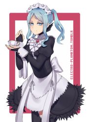 Rule 34 | 1girl, apron, artist name, blue eyes, blue hair, cup, electro-plankton, fire emblem, fire emblem fates, flora (fire emblem), long hair, maid, maid apron, maid headdress, nintendo, solo, teacup, thighhighs, twintails, white background