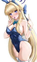 Rule 34 | 1girl, absurdres, animal ears, aqua bow, aqua bowtie, ass, bare shoulders, blonde hair, blue archive, blue eyes, blue halo, blue leotard, blush, bow, bowtie, breasts, candy, eating, food, halo, headset, highleg, highleg leotard, highres, leotard, lollipop, long hair, looking at viewer, medium breasts, multicolored hair, official alternate costume, open mouth, playboy bunny, simple background, solo, thick thighs, thighs, toki (blue archive), toki (bunny) (blue archive), tyrzul, v, very long hair