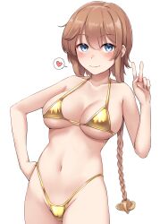 Rule 34 | 1girl, absurdres, bare arms, bare legs, bare shoulders, bikini, blue eyes, blush, braid, breasts, brown hair, closed mouth, collarbone, cowboy shot, fingernails, gold bikini, groin, hair between eyes, hair ornament, heart, highres, kantai collection, kiritto, large breasts, long hair, looking at viewer, navel, propeller hair ornament, simple background, smile, solo, spoken heart, swimsuit, teruzuki (kancolle), twin braids, v, white background