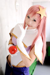 Rule 34 | 1girl, asian, blue eyes, color contacts, cosplay, gloves, gundam, gundam seed, gundam seed destiny, haro, indoors, kipi-san, long hair, looking at viewer, meer campbell, meer campbell (cosplay), mole, photo (medium), pink hair, solo, white gloves
