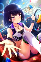 Rule 34 | 3girls, alternative girls, black hair, blush, boots, bracelet, breasts, car interior, cleavage, collarbone, confetti, cropped jacket, day, earrings, embarrassed, highres, hoop earrings, jewelry, looking to the side, medium breasts, multiple girls, necklace, official art, onitsuka chiho, pink eyes, race queen, short hair, shorts, sitting, steering wheel, sunlight, sweatdrop, thigh boots, thighhighs, white legwear