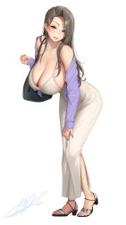Rule 34 | 1girl, bag, bare shoulders, blue eyes, breasts, brown hair, cleavage, dress, earrings, full body, hair behind ear, hand on own thigh, handbag, high heels, huge breasts, jewelry, leaning forward, looking at viewer, masami chie, mature female, mole, mole on breast, nail polish, necklace, off shoulder, original, purple nails, purple sweater, ring, sidelocks, signature, sleeves past wrists, smile, spaghetti strap, sweater, white background, white dress