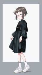 Rule 34 | 1girl, absurdres, bad id, bad twitter id, black dress, black vest, blue eyes, border, brown hair, buttons, closed mouth, double-breasted, dress, full body, gishiki (gshk), grey border, highres, long sleeves, looking at viewer, original, shoes, short hair, socks, solo, vest, watch, white background, white footwear, white socks, wristwatch